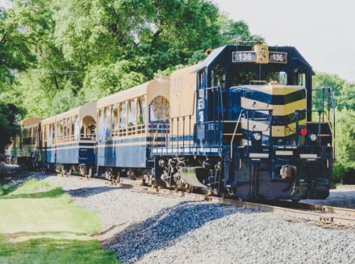 A black-and-yellow striped locomotive pulls train cars past green trees