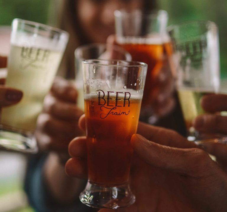 Group toasting with various glasses of beer.