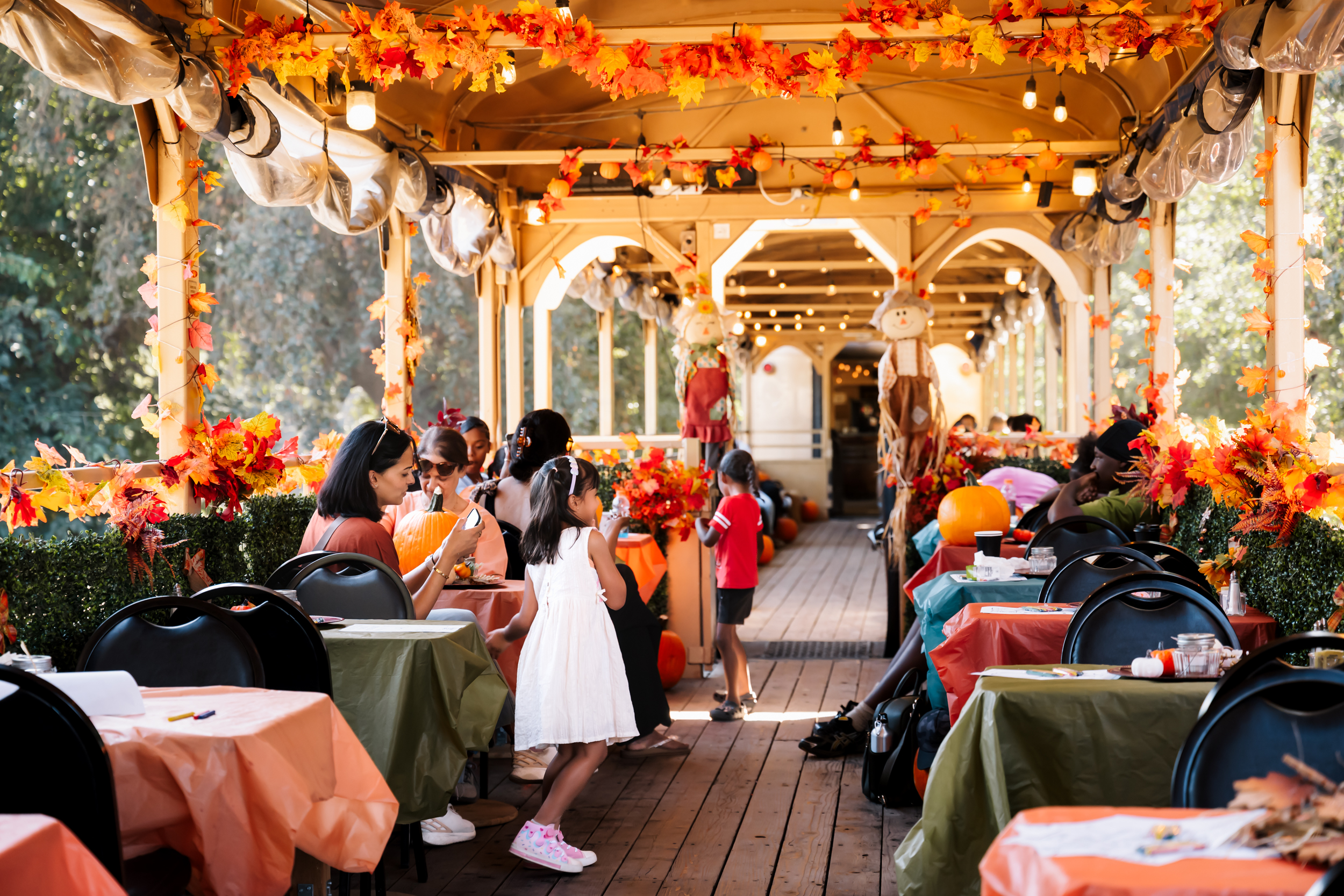 Decorated pavilion with autumn leaves, pumpkins, and people dining.