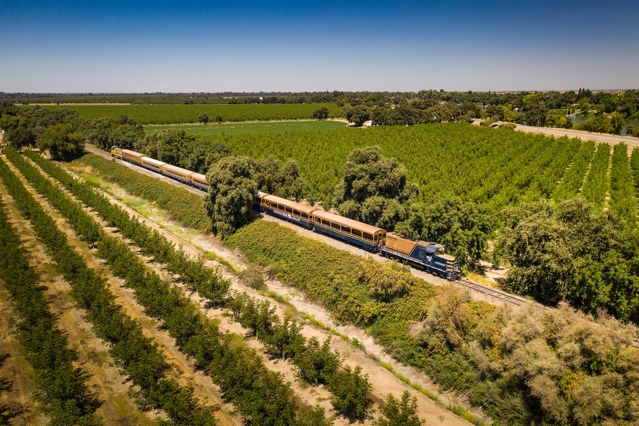 Aerial view of a train passing through lush green farmland under a clear blue sky.