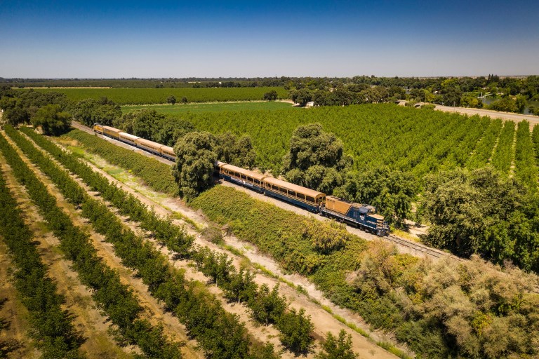 Aerial view of a train passing through lush green farmland under a clear blue sky.