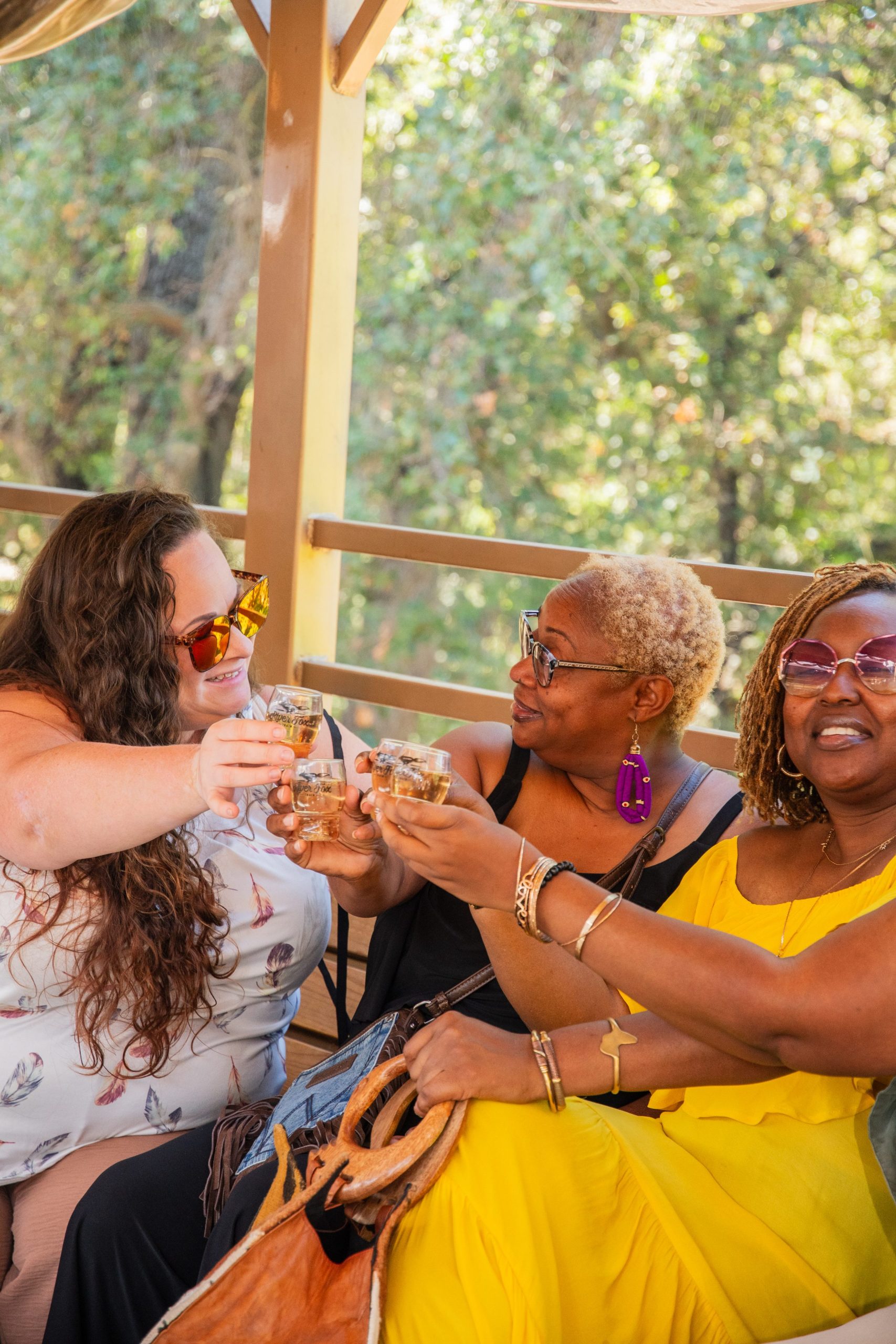 Three women toasting with drinks under a gazebo.