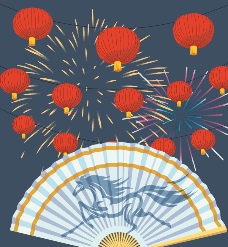 Red lanterns and fireworks with a fan featuring a horse design.