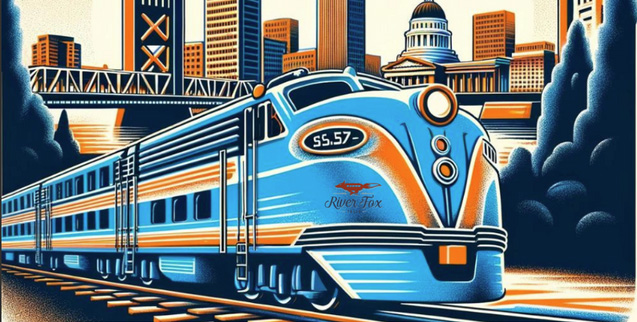 Retro train travels on tracks with city skyline and capitol building in background.