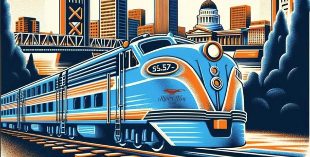 Retro train travels on tracks with city skyline and capitol building in background.