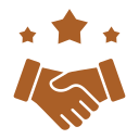 Brown handshake icon with three stars above on a white background.